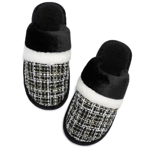 House Slippers for Women Leopard Fluffy Memory Foam Cute Comfy Fuzzy Slippers Slip on Anti-Skid Christmas Gifts for Women Mom Indoor and Outdoor Size 7 8 Chic Black