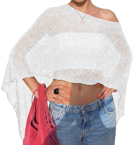 LOMON Lightweight Ponchos for Women Cute Crochet Sheer Poncho Fashion Beach Coverup Sequins Womens Summer Tops 2026 Silver White