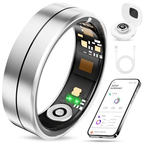 Fvtga Smart Ring for Women Men, Health Tracker with Digital Charging Case, 24/7 Heart Rate SpO2 Sleep Stress Monitoring, IP68 Waterproof Fitness Ring, No Subscription Fee, iOS Android(Silver, 10)