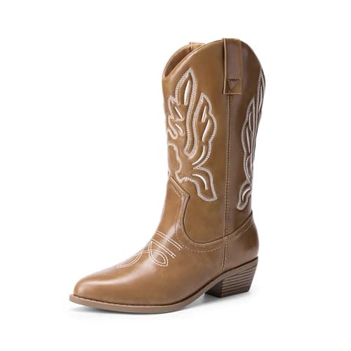 DREAM PAIRS Women's Cowboy Cowgirl Mid Calf Boots,Light Brown,6.5
