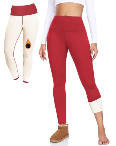 Thermal Leggings for Women Red - Fleece Lined Winter Pants High Waist Tummy Control, Warm Squat Proof Workout Tights
