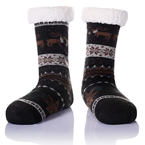 WEVIAS Men's Fleece Lined Cozy Extra Thick Slipper Socks Winter Non-Slip Fuzzy Home Sleeping Stockings (Black Deer)