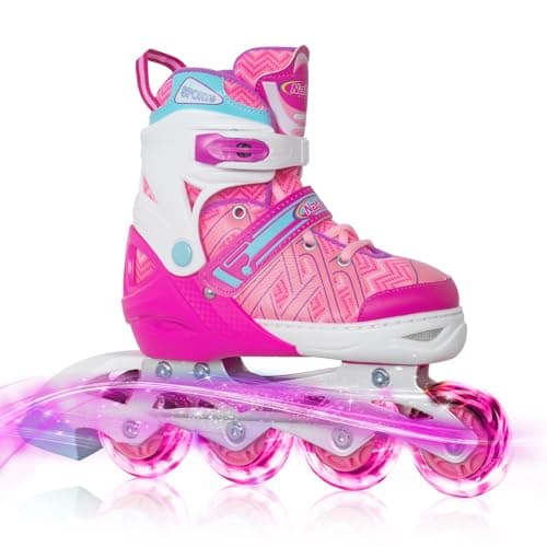 Nattork Adjustable Inline Skates for Youth Big Girls - with Light up Wheels - Pink Blade Roller Skating for Beginners Size 5 6 7 8 Ages 11 12 13