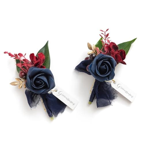 Ling's moment Boutonniere for Men, 2pcs Groom Groomsmen Navy Blue Burgundy