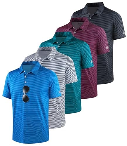 ZITY 5 Pack Mens Golf Striped Polo Shirts Short Sleeve UPF 50+ Moisture Wicking Athletic Daily Casual Collared Shirt,XL