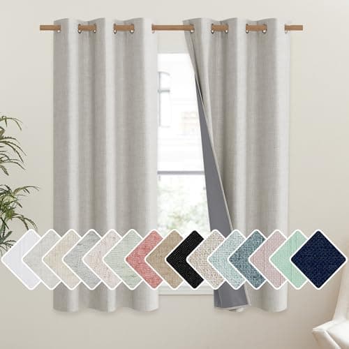 NICETOWN Snowbound Vintage Linen 100% Blackout Curtains for Dining Room, Thermal Insulated Curtains 45" Long, Noise Reducing Window Treatment Drapes for Kitchen, 42" Wide Per Panel, Set of 2