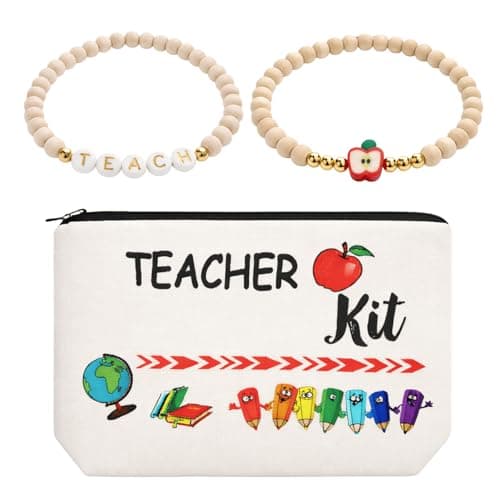 SANFUHOM 3 Pcs Teacher Appreciation Gifts Set for Women, Waterproof Linen Makeup Bag, Wooden Bead Bracelet with Message Card, Back to School Gifts for Teachers
