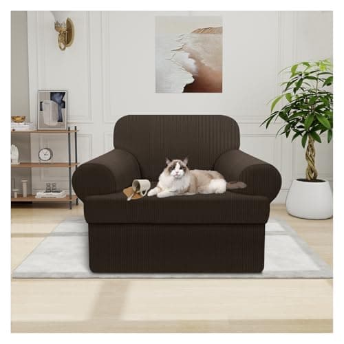 Pfrstuv Waterproof Chair Cover with Arms 2-Piece Set Striped Slipcover for 1 Separate T Cushion Couch - TPU Fabric Armchair Covers Leakproof Couch Protector for Kids, Pets(Chair, Brown)