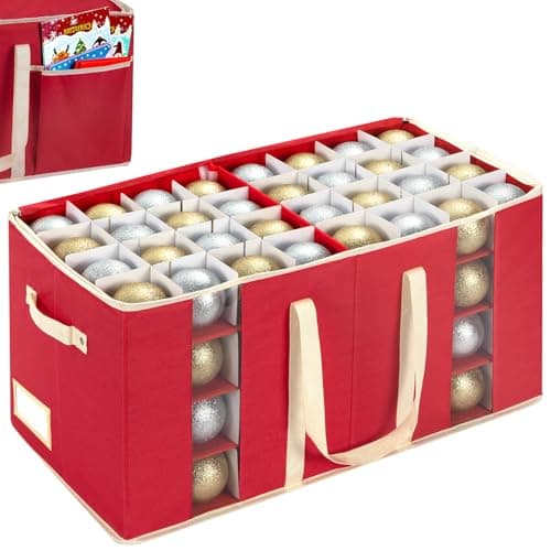 JY COOKMENT Christmas Ornament Storage Box with Adjustable Dividers, Large Holiday Ornaments Storage Container Bin with Zippered Top for Xmas Decorations (128-3" Balls, Red, Without Tray)