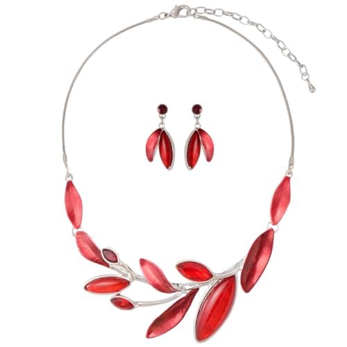 Mycitta Vintage Leaf Jewelry Set for Women - Ruby Red Leaf Chunky Statement Plant Aesthetic Bib Necklace Set