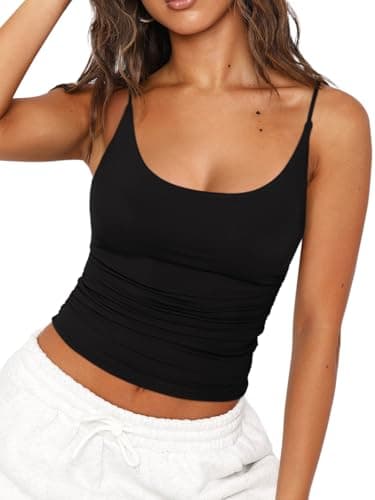 REORIA Women's Scoop Neck Sleeveless Crop Tops Double Lined Cute Basic Tank Top 2025 Y2k Summer Camis Black Small