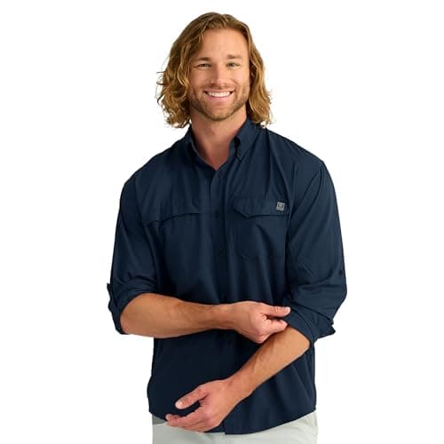 HUK Mens Tide Point Long Sleeve Shirt, Fishing Button Down, Naval Academy, Medium