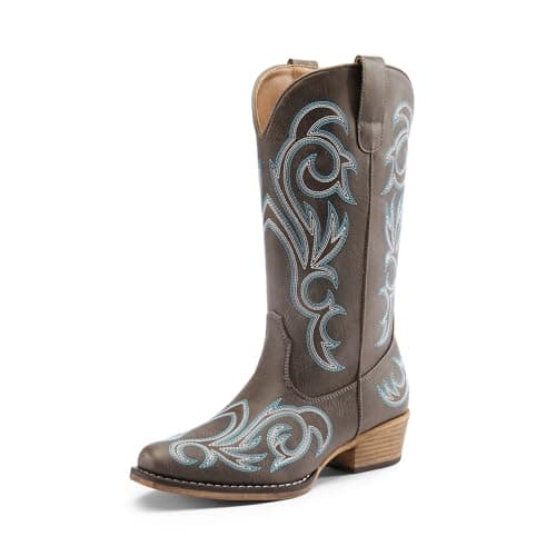 DREAM PAIRS Women's Cowboy Boots Mid Calf Cowgirl Boots Square Toe Chunky Heel Embroidery Stitched Western Boots,Size 6.5,Brown,SDMB2403W