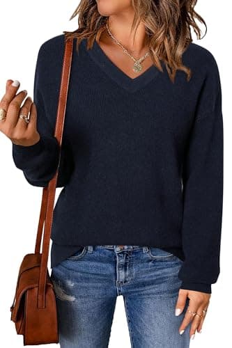 Arach&Cloz Sweaters for Women Wool Blend 2029 Fall Winter Fashion Clothes Pullover Tops Trendy Clothing V Neck Long Sleeve Dressy Business Casual Blouses Knit Outfits Navy XXL