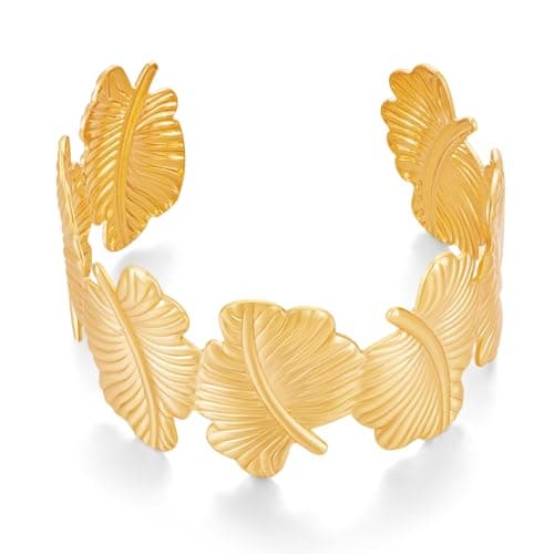 CUFELMU Gold Open Cuff Bracelet for Women, 14K Gold Plated Adjustable Palm Leaf Open Bangle, Boho Statement Cuff Jewelry for Daily Wear & Beach