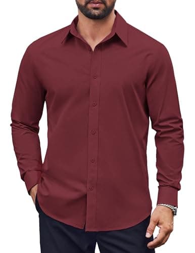 COOFANDY Mens Christmas Dress Shirts Long Sleeve Casual Button Down Shirts Formal Business Shirt Wine Red