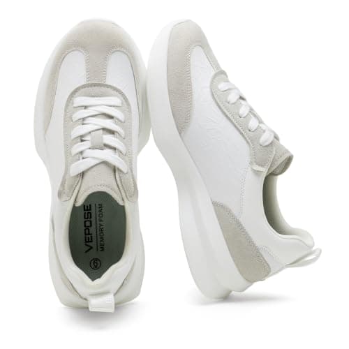 Vepose Women's White Grey PU Suede Retro Platform Sneakers, Size 7.5, 8216