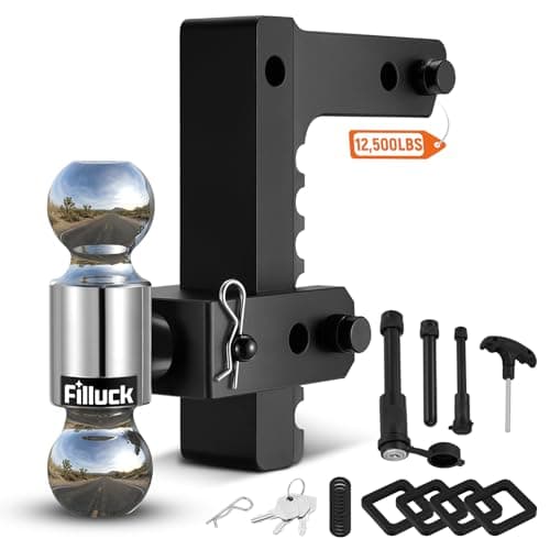 Filluck Adjustable Trailer Hitch Fits 2" Receiver, 2" & 2-5/16"(12,500 LBS GTW) Rotatable Dual Solid Ball, 8" Drop/Rise Heavy Duty Aluminum Tow Hitch, Trailer Hitches with Anti-Theft Pin, Black