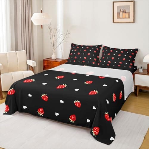 Feelyou Strawberry Bed Sheet Set for Kids Girls Kawaii Strawberry Print Sheets Bedding for Women Adults Black 1 Flat Sheet & 1 Fitted Sheet & 2 Pillowcases Full Size