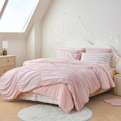Wonderful 3 Piece Light Pink Ruched Ruffled Comforter Set with Pillow Shams, King Size Pleated Lightweight Comforter Set Bedding Set for All Season