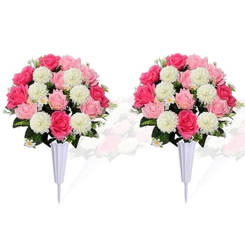 Lodou Set of 2 Artificial Bouquet Grave Memorial Flowers with Vase, Realistic Vibrant Roses,Cemetery Memorial Flowers for Outdoor Tombstone Decorations (Pink)