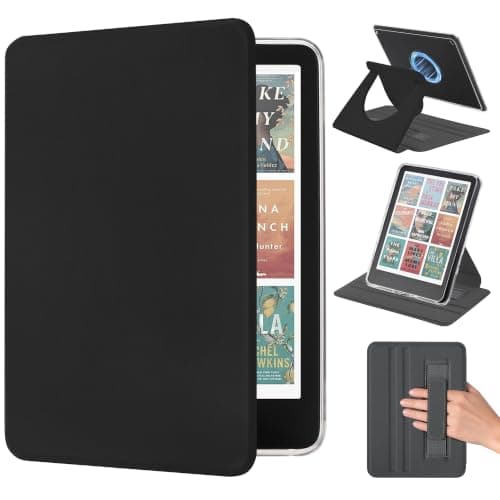 Vane Oak Magnetic Detachable 360° Rotating Stand Case for 7'' Kindle Paperwhite 12th Gen 2024 & Kindle Colorsoft 2024/2025, Clear Back Case with Auto Wake/Sleep & Hand Strap, Black