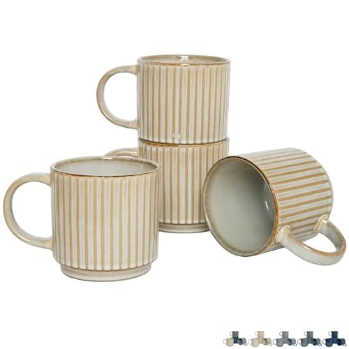 Bosmarlin Stackable Ceramic Coffee Mug Set of 4, 16 Oz, Coffee Cups, Microwave Safe, Unique Reactive Glaze (Beige, 16 Oz)