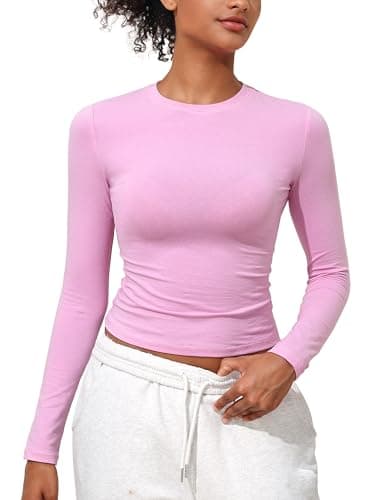 Hilor Long Sleeve Shirts for Women Basic Jersey Crop Tops Tight Fitted Going Out Tops T-Shirts Pink S/US2-4
