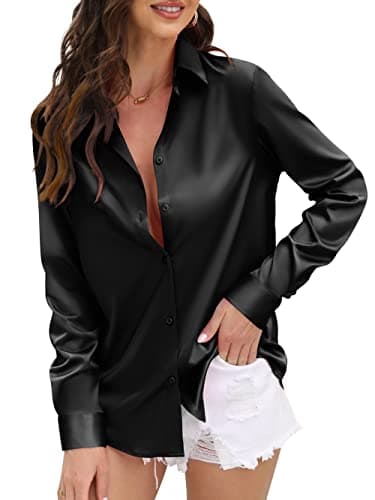 Satin Weave Button Down Shirts for Women Long Sleeve Women's Blouse Dressy Casual Dress Shirt Elegant Women's v Neck Collared Button-Down roll up Stretchy Work Blouses top Tunic Tops Black Size M.