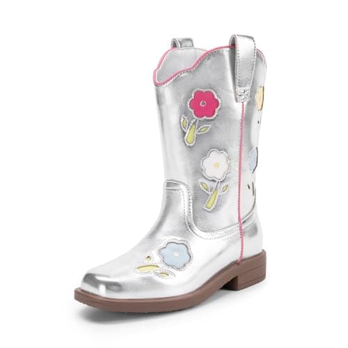 DREAM PAIRS Girls Cowboy Cowgirl Boots Floral Embroidered Western Square Toe Mid Calf Toddler Little Big Kid for Birthday Party Concert,Size 10 Toddler,Silver,KKUMMB2503