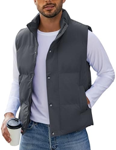Flygo Mens Puffer Vest Winter Padded Vests Lightweight Stand Collar Sleeveless Jacket Outerwear(DarkGrey-L)