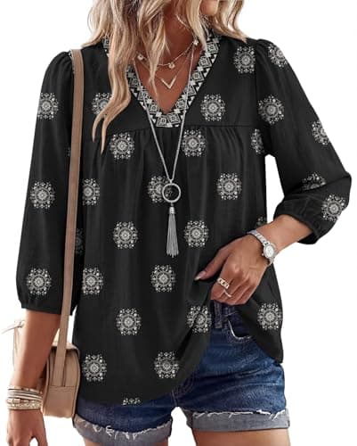 Rapbin Spring Blouses Casual Dressy Tunic Tops for Women Loose Fit 3/4 Length Button Sleeve Elegant Babydoll Black White S