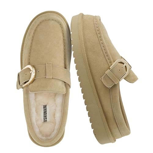 CUSHIONAIRE Origin Genuine Suede Mule Clogs for Women, Cozy Slip-On Moc Toe Loafer with Buckle and Faux Fur Cushioned Footbed, Biscuit 11