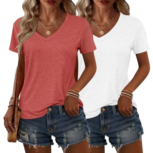 AIZHINENG 2 Pack Womens Summer Tops V Neck Short Sleeve Casual T Shirts