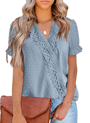 LOLONG Womens Tops Dressy Casual Puff Sleeve Summer Chiffon Short Sleeve Blouses V Neck Pom Pom Shirts