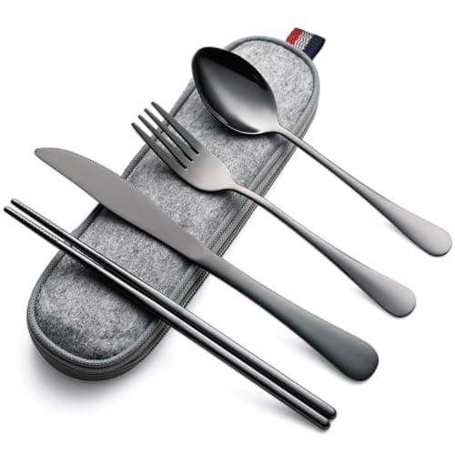 DEVICO Camping Utensils, Full-Size Reusable Silverware for Lunch Adult, Stainless Steel Travel Cutlery Set with Case, Portable Fork Spoon Knife Set for Work, Flatware with Chopsticks (Black)