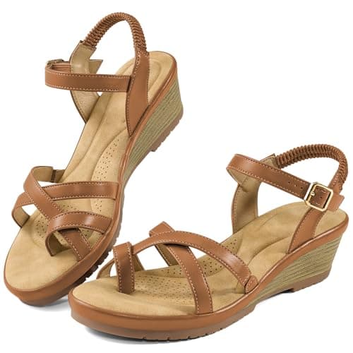 Aomigoct Dressy Womens Wedge Sandals: Brown 8 Comfortable Platform Work Sandals for Women 2026 - Elastic Back Strap Casual Walking Wedding Shoes