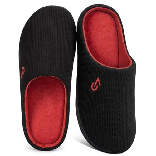 VeraCosy Men's Two-Tone Memory Foam House Slippers Indoor Outdoor Durable Rubber Sole (Red,10.5 US)