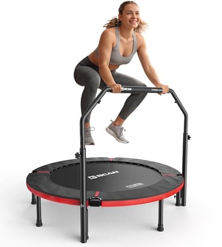 BCAN SP3 40"/48" Foldable Mini Trampoline, Rebounder Trampoline for Adults, U/T Adjustable Foam Handle, Exercise Rebounder for Adults Indoor/Garden Workout, Max Load 330lbs/440lbs-48U-Deep Red