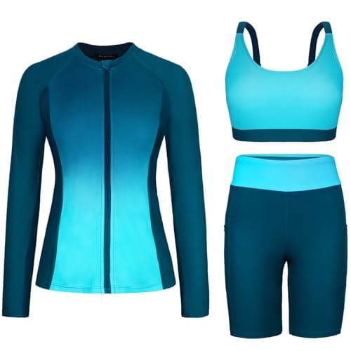 Arolina Womens Swim Shirt 3 Piece Rash Guard Long Sleeve Bathing Suits UPF 50+ Swimsuits for Women 2026 Swimming Suits Blue S