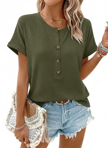 ETCYY NEW Womens Waffle Knit Summer Tops Button Half Placket Dressy Casual Tunic Shirts 2026 Basic Clothes
