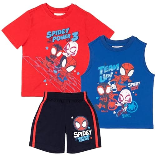 Marvel Spidey and His Amazing Friends 3 Piece Boys Short Set Spider-Man Short Sleeve Shirt Tank Top and Shorts Set 3 Pack Bundle Set Kids Toddlers Spider-Man Boys Clothes (Orange and Blue Size 7)