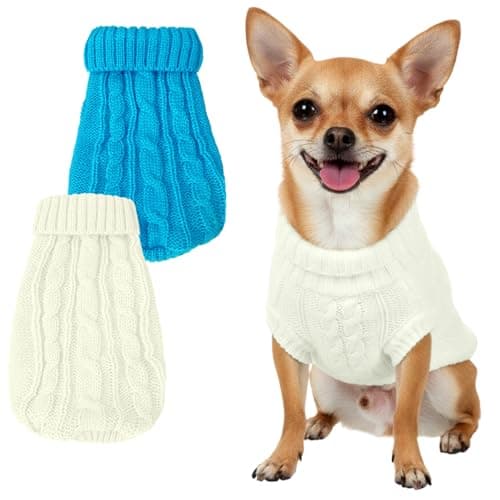 2Pcs Dog Sweater XS Dog Clothes for Small Dogs, Warm Turtleneck Knitted Chihuahua Clothe Sleeveless Kitten Clothes Puppy Sweater for Small Dogs Girl Yorkie Outfit Custume(Blue, White)