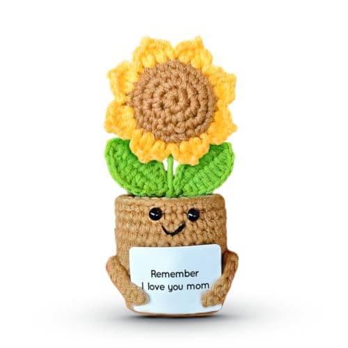 SOL VIBES Mini Sunflower Mom Gifts from Daughter Son Kid, Handmade Crochet Mothers Day Christmas Birthday Gift with Card, Remember I Love You Mom, Positive Emotional Present, Cute Small Stuff Things
