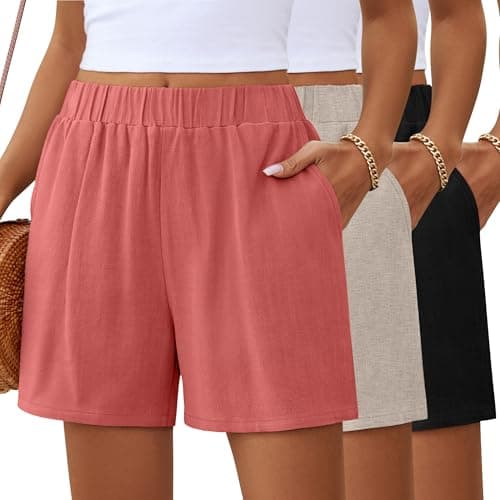 Ficerd 3 Pack Women's Linen Summer Shorts, 3-Color Set, Large