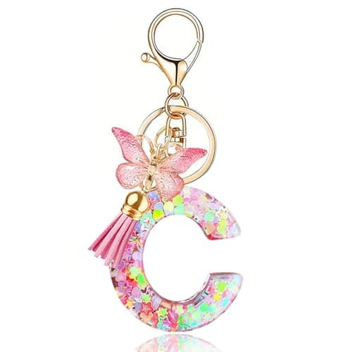 HLUWA Initial Letter Keychains for Women, Pink Sequin Alphabet Charm with Tassel Butterfly Keychain for Wallet Backpack Bag Charm. (C)