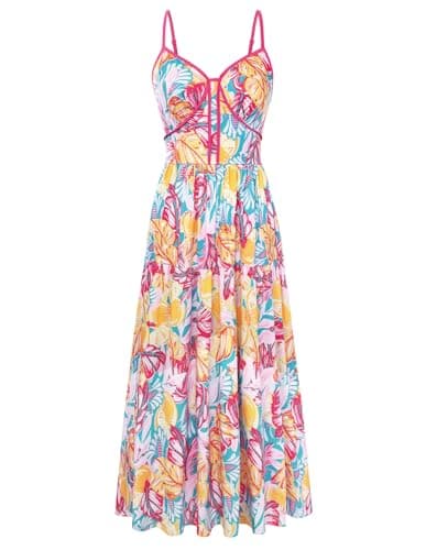 GRACE KARIN 2026 Women's Spaghetti Vacation Sundress Summer Beach Flowy Boho Floral Maxi Dresses with Pockets Orange White Floral M