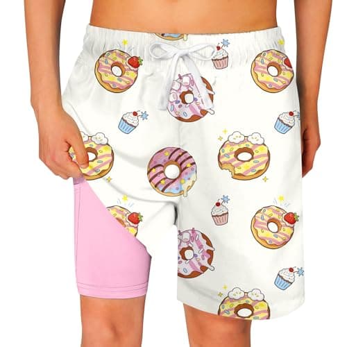Cozople Teen Boys Swim Trunks with Boxer Brief Liner Bathing Suit Novelty Donuts Graphic Swimming Shorts Quick Dry Stretchy Compression Anti Chafe Swimsuit Size 14