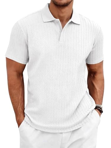 TRFIC Mens Polo Shirts Casual Summer Knit Textured Button Short Sleeve Shirt Lightweight Vacation Stretchy Golf Tops