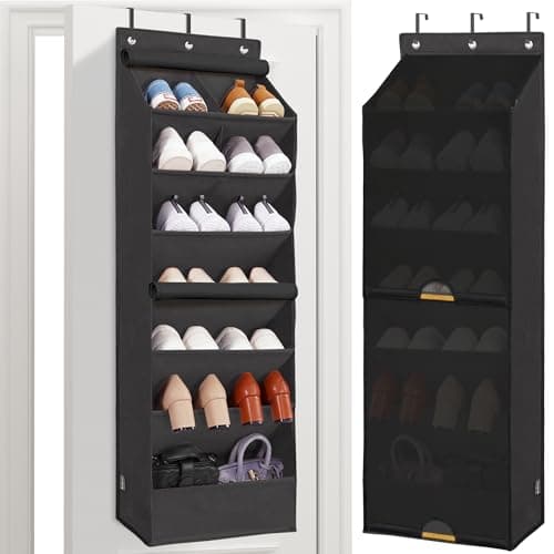 STORAGE MANIAC Over the Door Shoe Organizer with Curtain Dustproof Heavy-Duty Large Deep Pocket Hanging Shoe Organizer for Closet Dorm & Narrow Door Storage Shoe Holder Shoe Rack, 7-Shelf Black 1 Pack